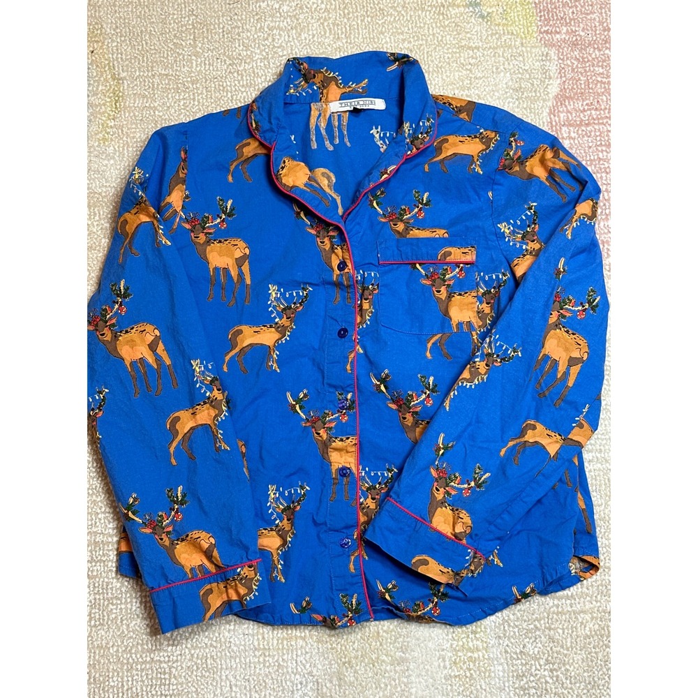 Their Nibs Blue Reindeer Christmas Pajama Top Button Front Cotton Women Medium